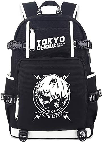 Roffatide Anime Tokyo Ghoul Laptop-Rucksäcke Gedruckter Leuchtender Schultaschen mit USB-Ladeanschluss & Kopfhöreranschluss Schwarz