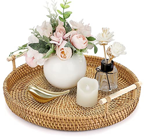 IGNPION Bandeja redonda tejida de ratán de 28 cm, bandeja decorativa de almacenamiento con asa, bandeja organizadora de escritorio para cofre, bebida, desayuno, té, vela