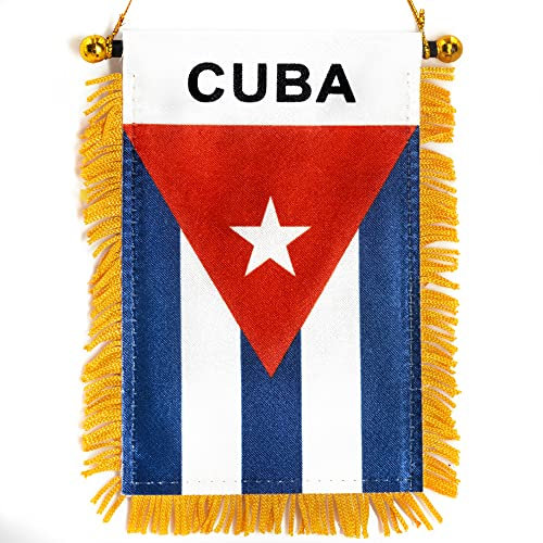 Anley 4 x 6 pulgadas ventana con flecos cubanos con bandera mini pancarta y decoración de coche bandera cubana de doble cara con flecos colgando con ventosa