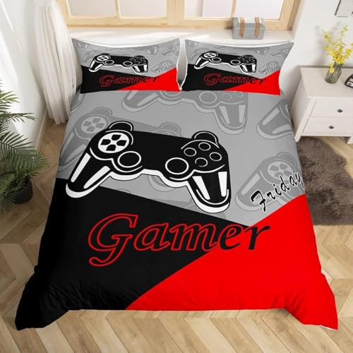 Spieler Tröster Cover für Jungen Teens Kinder Spielzimmer Dekor Bettwäsche Set, Videospiele Spiele Bettbezug Spiel Regler Tagesdecke Cover Modern Novelty Gamepad Bettbezug, Schwarz Rot Grau,155X220