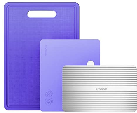 Linoroso Chopping Board Coloured Plastic Cutting Boards Set of 3 for Kitchens with Defrosting Tray Juice Grooves Easy Grip Handle Slip Resistant Dishwasher Safe (BPA Free) - Purple
