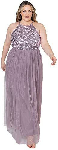 Maya Deluxe Damen Womens Ladies Bridesmaid Maxi Dress Halter Neck Sequin Embellished Prom Graduation Wedding Brautjungfernkleid, Moody Lilac, 26