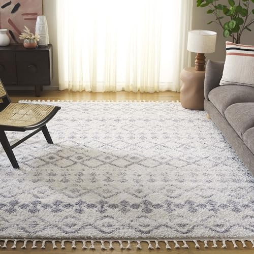 SAFAVIEH Area Rug 8x10 - Berber Fringe Shag Collection - Large - Ivory & Grey, Moroccan Design, Non-Shedding & Easy Cleaning, Plush Thick Pile, Ideal for Living Room, Bedroom, Dining Space (BFG516J)
