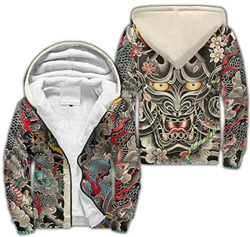 Japonais Samurai Dragon Tattoo Zip Hoodie 3D Imprimé Automne Hiver Survêtement Veste Polaire Chaude (Taille US),Demon,L