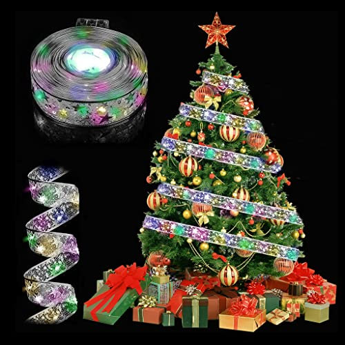 RosyFate Weihnachtsbaum Lichterkette LED, 5M Weihnachtsbaum Band, Glitzer Band, Weihnachten Lichterkette, Weihnachtsbeleuchtung Außen &Innen, Silber, Farbige Lichter