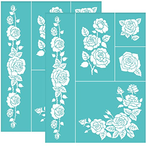 OLYCRAFT 2 Stk. Rose Selbstklebende Siebdruckschablone Rose Bud Leaf Mesh Transfer Schablone Wiederverwendbare Siebdruckschablone Zum Malen Auf Holz T Shirt Stoff 28x22cm