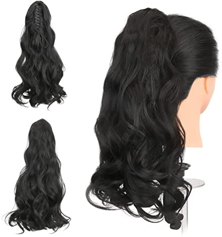 Gairyan 45cm Pferdeschwanz Haarteil Zopf Lang Lockige Klammer Claw Clip in Ponytail Extension Synthetik Haare Gewellt Haarverlängerung für Frauen (Schwarz)