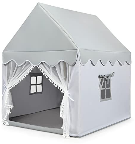 GYMAX Casetta per Bambini, Tenda in Tessuto Oxford con Tappetino in Cotone Lavabile, Telaio in Legno di Pino Canforato, Design Pieghevole, Adatta a Interno ed Esterno (Stile 1)