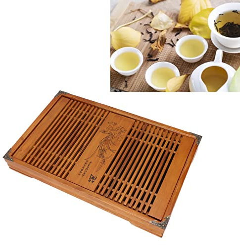 Plateau à thé Chinois Kongfu, Plateau à thé en Bois avec Drainage de Stockage D'eau Plateau à thé Double Couche pour Table à thé Plateau de Service à thé Maison pour Bureau (Orchidée jaune)