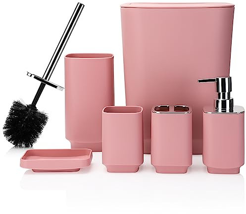 JOTOM 6 Pieces Bathroom Accessory Set Luxury Plastic Bathroom Accessories Set Trash Can Toilet Brush Set Toothbrush Holder Tumbler Soap Dish Soap Dispenser Bath Set Gift (Pink)