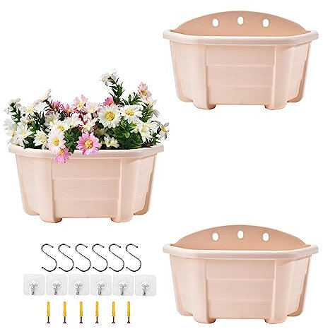 ORIMERC Macetas Colgantes de Pared de 9.8 Pulgadas, de plástico, Estilo Retro, para Colgar Plantas, Flores, macetas de plástico, cestas para balcón, Valla, jardín, Exterior, Interior, Color Beige