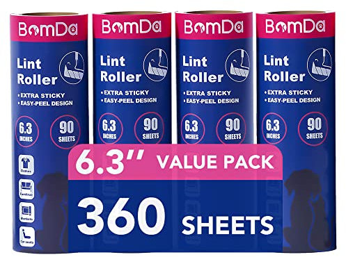 BomDa Extra Sticky Large Surface Lint Roller, 6.3'' Giant Lint Roller for Pet Hair, 360 Sheets/ 4 Refills, Long Handle Lint Remover for Clothes, Furniture, Dog & Cat Hair Remover (360 Sheets)