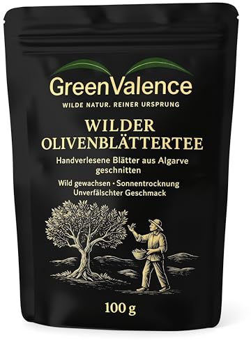 GreenValence Wilder Olivenblättertee - Handverlesene Blätter aus der Algarve - geschnitten | Wild gewachsen, naturrein & sonnengetrocknet | Mediterraner Premium Kräutertee ohne Zusätze (100g)
