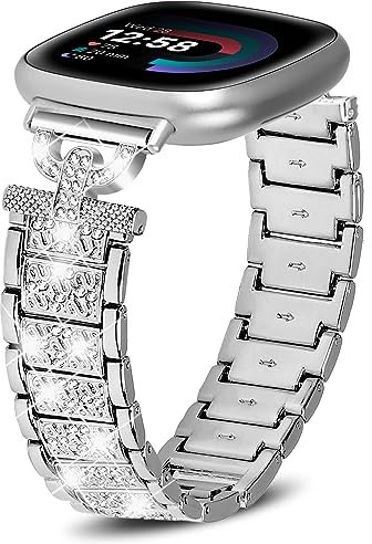 WoPail Armband Damen Kompatibel mit Fitbit Versa 4/Fitbit Versa 3/Fitbit Sense 2, Bling Diamant Ersatzarmband Metall Edelstahl Armbänder für Fitbit Versa 4/Versa 3/Sense 2/Sense Silber