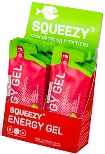 Squeezy Energy Gel Box (Basic Formula) 12er Pack - Sport Energy Gel ohne Fruktose und mit wenig Süße - für maximale Verträglichkeit beim Laufen, Marathon & Co.