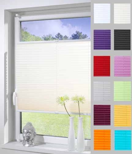 DécoProfi Plissee ohne Bohren Creme 85cm x 130cm (max. Gesamthöhe Fensterflügel) I Verspannte Plissees nach Maß mit Klemmträger/Klemmfix I Blickdichte Innenrahmen-Plissees zum Klemmen