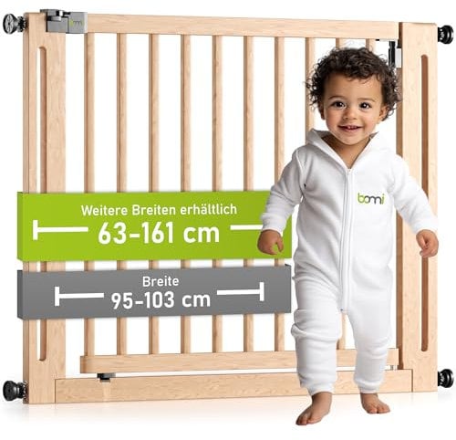 BOMI Baby Schutzgitter Treppe Miko PEFC geprüftes Buchenholz | Ohne Bohren | Gittertür aus Holz Schwarz | Stabile Baby Schutzgitter Tür für Kindersicherheit | Treppen Türgitter | Breite: 95-103 cm