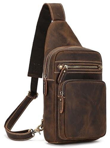 LUUFAN Vintage-Schultertasche aus echtem Leder mit mehreren Taschen, Brust-Umhängetasche für Herren, lässiger Umhängetasche, Tagesrucksack