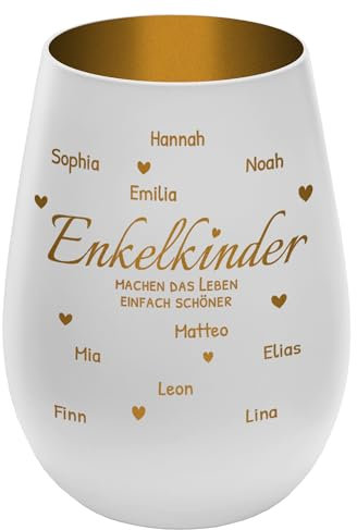 Windlicht mit Gravur ''Enkelkinder'' - personalisierbar mit Namen und Spruch - Weiß/Gold - Höhe 12 cm - Teelichthalter Kerzenhalter Vornamen Enkel