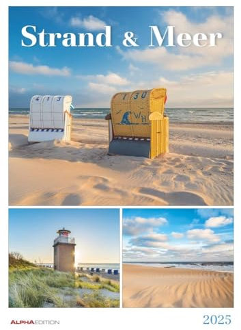 Alpha Edition - Strand & Meer 2025 Bildkalender, 29,7x42cm, Wandkalender mit Feiertagen, drei Bilder pro Monat und 1 Monat pro Seite, internationales Kalendarium