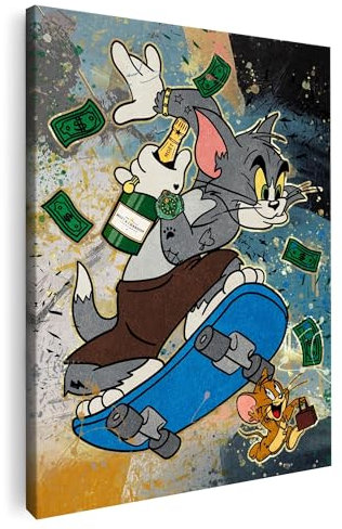 Artmazing | Tom Jerry Skate Bild bunt | S-Art Bilder | Tom Jerry Skate Bilder Modern | Coole Wandbilder Wohnzimmer | Wandbild Tom Jerry Skate Deko XXL | Bild Leinwand XXL | Tom Jerry Skate Bilder Wand