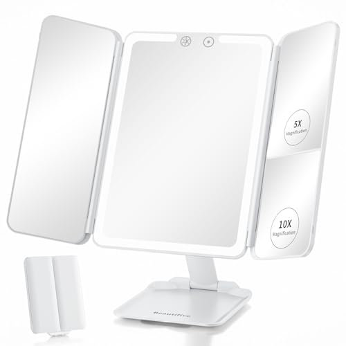 Beautifive Espejo de Maquillaje Iluminado con 48 Luces LED, 1X/5X/10X Espejo de Mesa Tríptico de Aumento, Regulación Continua y Control Táctil, Espejo de Tocador Cosmético Portátil Recargable por USB