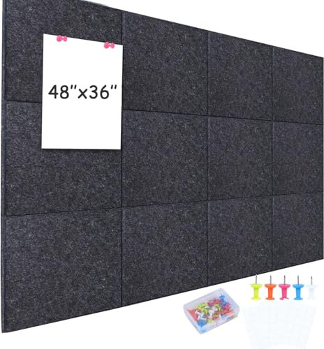 testyu Paquete de 12 Corcho Pared Autoadhesivo, Azulejos de Fieltro Grandes con Chincheta, Tablones de Anuncios de Reducción de Ruido Alternativos para Tablero de Corcho (30x30cm), gris
