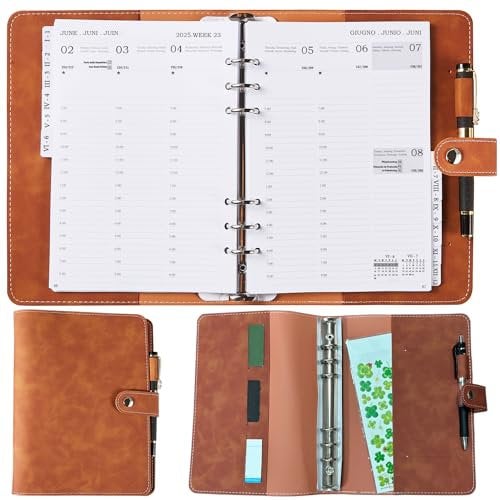 Kalender 2025 Buchkalender A5 Nachfüllbar, Terminplaner/Wochenplaner mit Tabs, Tasche, Stiftschlaufe, Vertikal 1 Woche 2 Seite Jan.25-Dez.25, Planer Ringbuch Terminkalender Organizer, Mehrsprachig