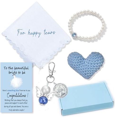 Set mit 6 Stück Something Blue Hochzeitsgeschenk für Braut, besticktes Taschentuch, Engelsstrauß, Charm, Hochzeitsschmuck, Armband, gehäkeltes Herz, süße Karte, Geschenk-Box, Hochzeitsgeschenk für