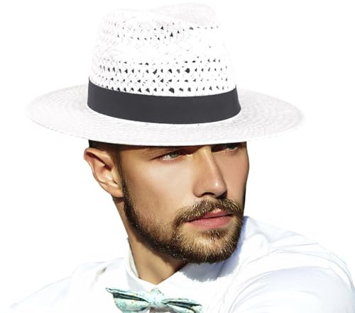 Ruphedy Chapeau Fedora en paille pour homme et femme - Chapeau d'été à large bord - Chapeau Panama ventilé et léger, F049-Blanc, M