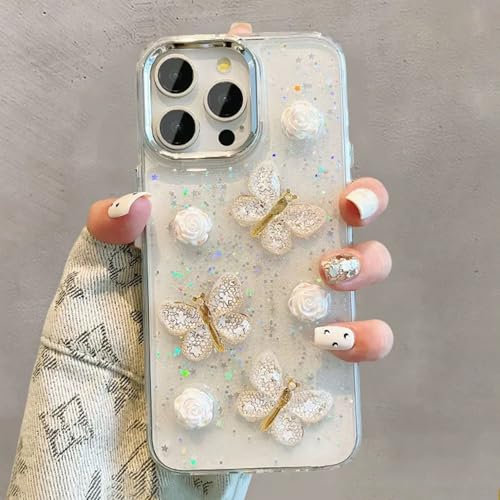 UEEBAI Sparkly Glitter Bling Case for iPhone 13 Pro Max, 3D Clear Aesthetic Cute Butterfly TPU Phone Flower Case, Slim Non-Yellowing Shockproof Protective Cover for Women Girls, White