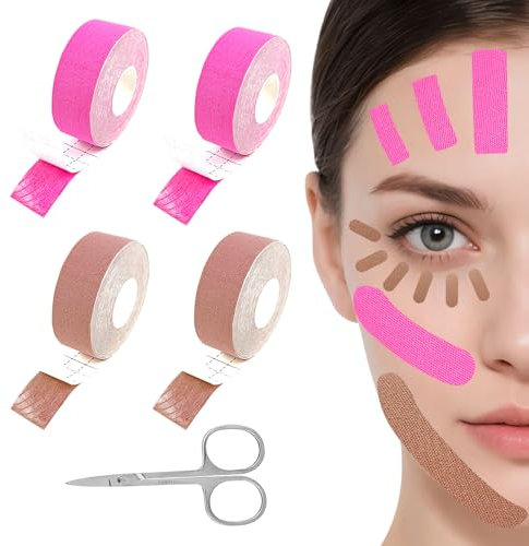 4 Rollen Face Lifting Tape,2.5 cm X 5 m Atmungsaktives Facelifting-Muskelband mit Der Schere,Multifunktional Myofasziales Gesichtstraffungsband für Straffung und Straffung der Haut (Farbe/Rosa)