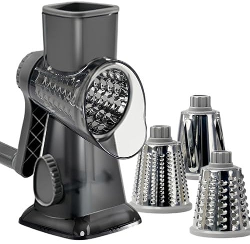 LacusMare Rotary Cheese Grater with 3 Blades for Slicing, Coarse Grating & Fine Shredding, Graters for Kitchen with Stable Suction Base, Vegetable Slicer for Cucumber, Carrot, Potato, Nuts (Gray)