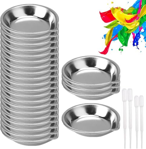 24Pcs Makeup Mixing Palette, Paint Mixing Palette, Round Paint Palette, Stainless Steel Paint Tray with 4 Droppers, Round Paint Tray for Paint Pigment Watercolors Oil Water Paint (Diameter 5cm)