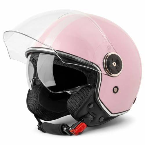VINZ Arenas Casque Jet avec Visière Solaire et Visière | Casque de Scooter Moto / Vintage avec des Rayures | Certifié ECE 22.06 | Tailles XS-XXL - Rose