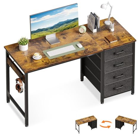 ODK Schreibtisch mit 4 Schubladen, 120×48×75.7cm Computertisch mit Kopfhörer Halter, PC Tisch Bürotisch Holz für Heimbüro, Braun