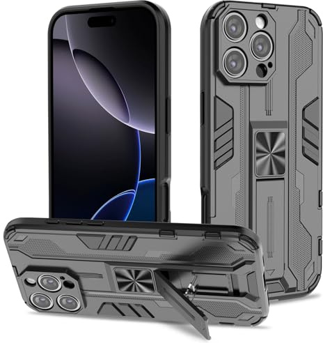 Btstring Case for iPhone 16 Pro Max, Shockproof Phone Case with Stand, Heavy Duty Personalised Case Cover Support Magnetic Car Holder, Black