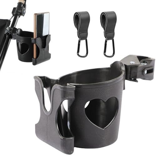 Geoyien Cup Holder for Pram, Pram Cup Holder, 1 Stroller Cup Holder with 2 Baby Stroller Hooks, 360 Degrees Rotation Bike Cup Holder, Large Caliber Designed Cup Holder for Walker (Black)