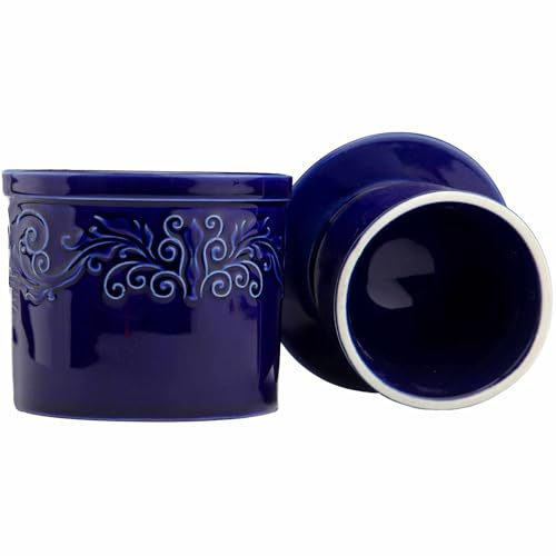 Emboss Pattern Butter Crock with Lid, French Butter Dish for Counter Decor, Butter Keeper with Water Line for Fresh Spreadable Butter- Navy Blue 4x4.5inches 5oz