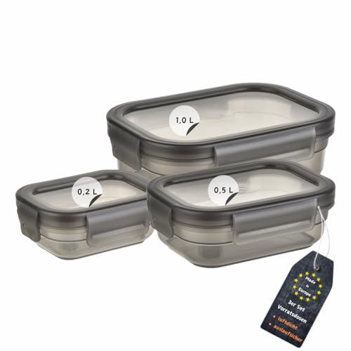 Engelland - 3er Set Aufbewahrungsdosen mit Deckel, luftdicht, auslaufsicher, stapelbar, Vorratsdose, BPA-frei, Kunststoff, verschiedene Größen, 0,2 L - 0,5 L - 1,0 L, transparent-grau