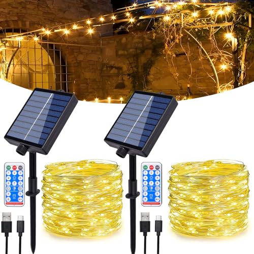 Hopelit Solar Lichterkette Aussen, 2×30m 300LEDs Solar Lichterkette Outdoor IP65 Wasserdicht Kupferdraht mit Fernbedienung 8 Modi Für Party Garten Balkon Deko - Warmes Gelb