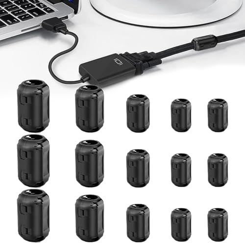 Ferritkern - 15 Stück Ferritkerne für Kabel, Stromkabel, USB, Spulen, Innen Durchmesser 3,5mm, 5mm, 7mm, 9mm, 13mm, Schwarz Klappferrit Rauschunterdrückung