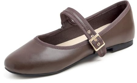 Feversole Women's Soft Breathable Mary Jane Memory Foam Cushioned Comfort Round Toe Metal Buckle Flats Walking Shoes Browm Napa Size UK 6