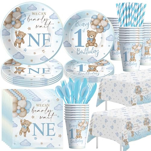 YJRJSC Bear 1st Birthday Decorations Boy, Blue Teddy Bear Theme We Can Bearly Wait One Party Supplies Tableware, First Birthday Paper Plate, Cup, Tablecloth, Napkin, Cutlery, Straws, Serves 24