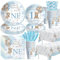 YJRJSC Bear 1st Birthday Decorations Boy, Blue Teddy Bear Theme We Can Bearly Wait One Party Supplies Tableware, First Birthday Paper Plate, Cup, Tablecloth, Napkin, Cutlery, Straws, Serves 24