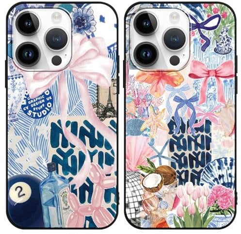 Phoona 2 Pack Cute Bow Case for iPhone 14 Pro 6.1, European Collage Preppy Summer Girly Design Pattern for Girls Women, Slim Soft Silicone Shockproof Bumper Protector Cover, Blue 01
