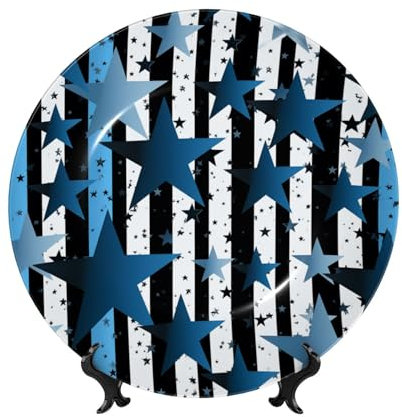 Assiette décorative en porcelaine anglaise de 17,8 cm, rayures bleues, noires et blanches et étoiles, assiettes à dîner en céramique avec support de présentation, assiettes en porcelaine pour la