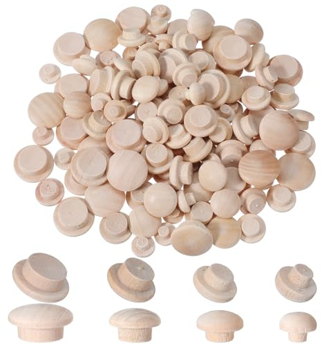 120 Pcs 4 Sizes Wood Plugs, Wooden Hole Plugs Mushroom Head Shape 3/16, 5/16, 3/8, 1/2 Inch Button Hardwood Hole Stoppers Screw Covers Wood Caps for Gap in Locking Tube Furniture