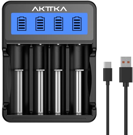 AKTTKA Chargeur de Batteries 18650 Intelligent 4 Emplacements Indicateur LCD Entrée Type-C/Micro-USB Compatible avec Accus Li‑ION 3,7 V (18650/21700) et Accus NiMH 1,2 V (AA/AAA/C) Rechargeables