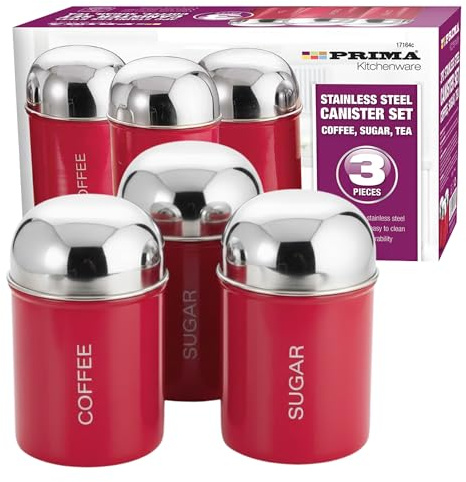 Canisters Set Tea Pack of 3, Coffee & Sugar Storage Jars with Mirror Finish Modern Eye-Catching Design for Kitchens, Canteens & Homes Food Storage Organisers with Stainless Steel Lids (Red)